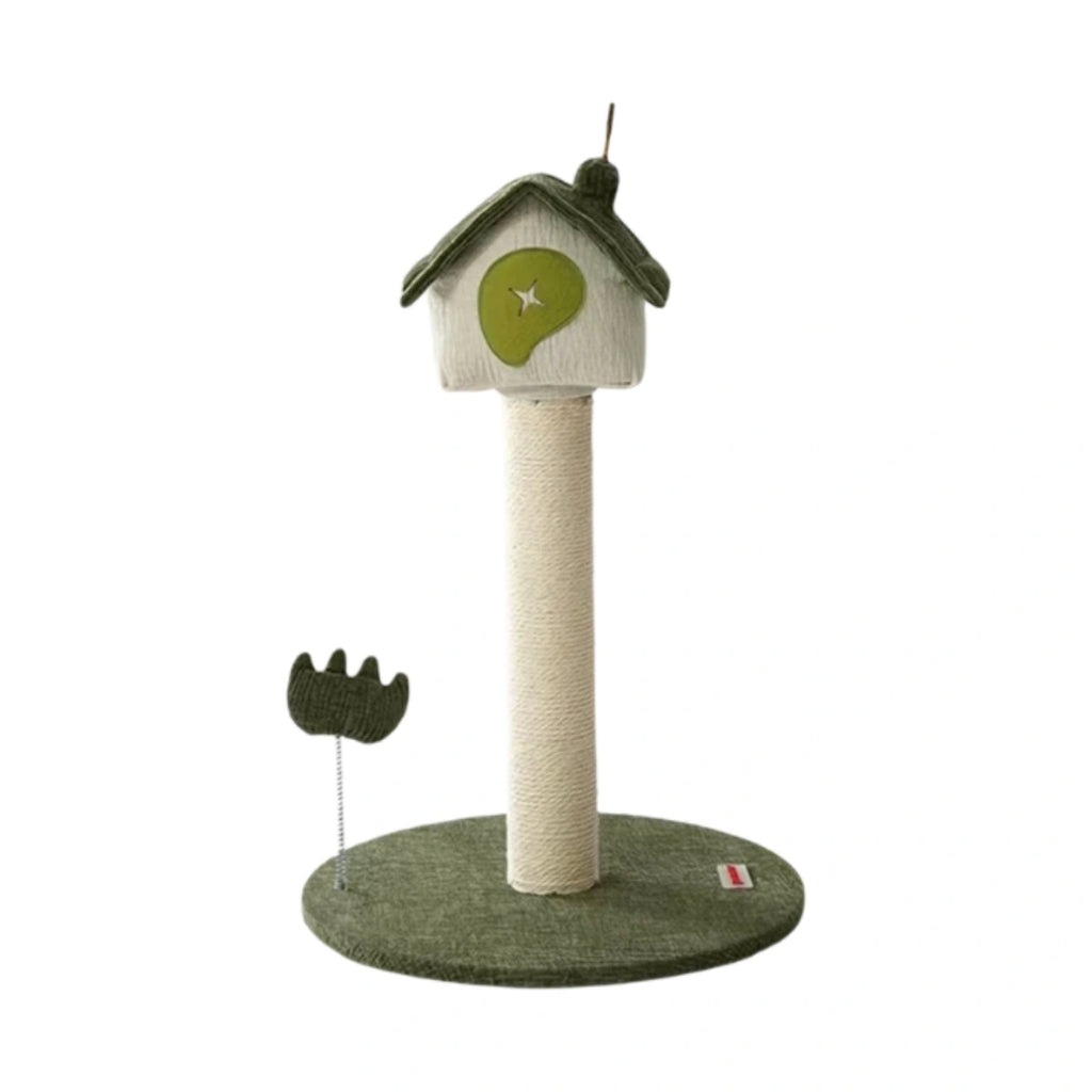 Green Petstar compact cat tree with bird-shaped top and round base