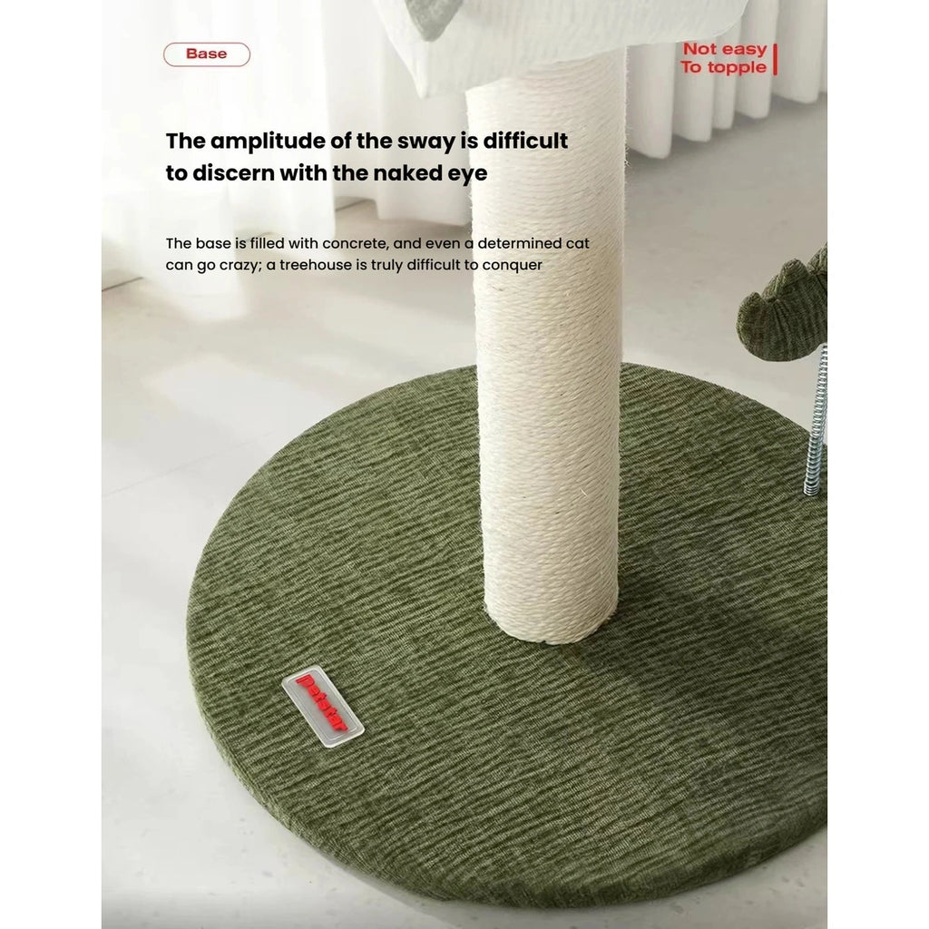 Close-up of the wrapped scratching post and green base