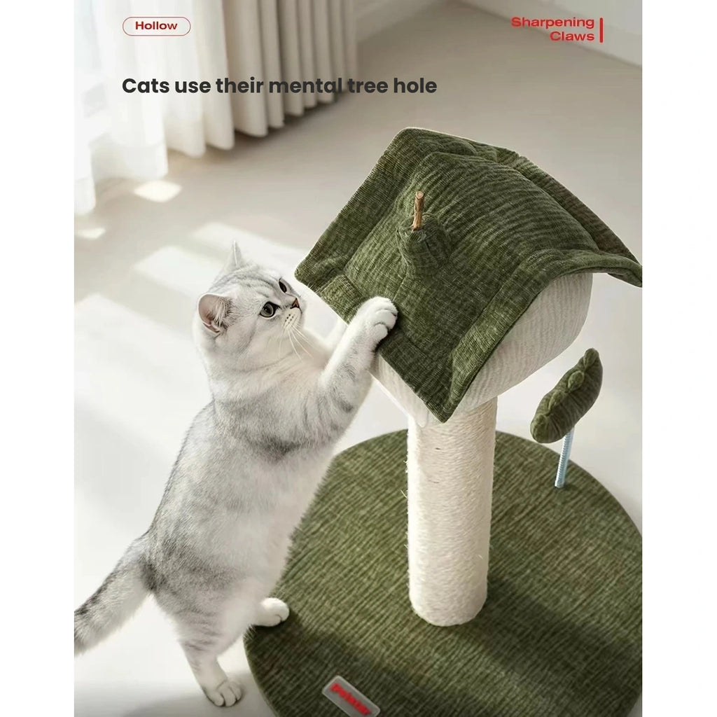 Cat reaching toward the bird-shaped top of the Petstar cat tree