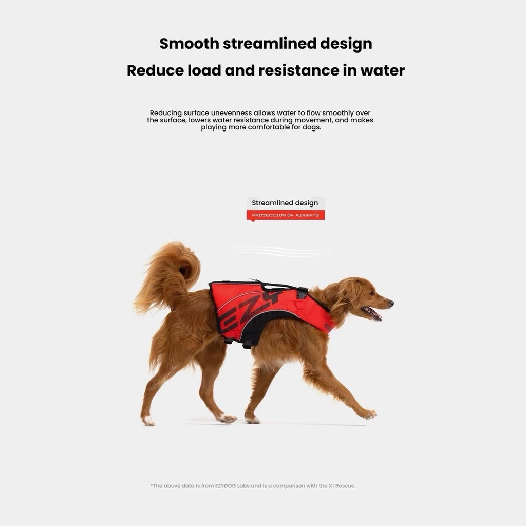 Dog wearing the streamlined red EzyDog DFD X2 Boost vest