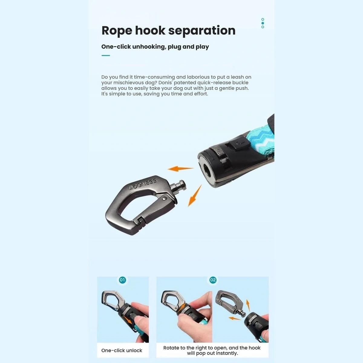 Close-up instructions for the DOGNESS leash hook