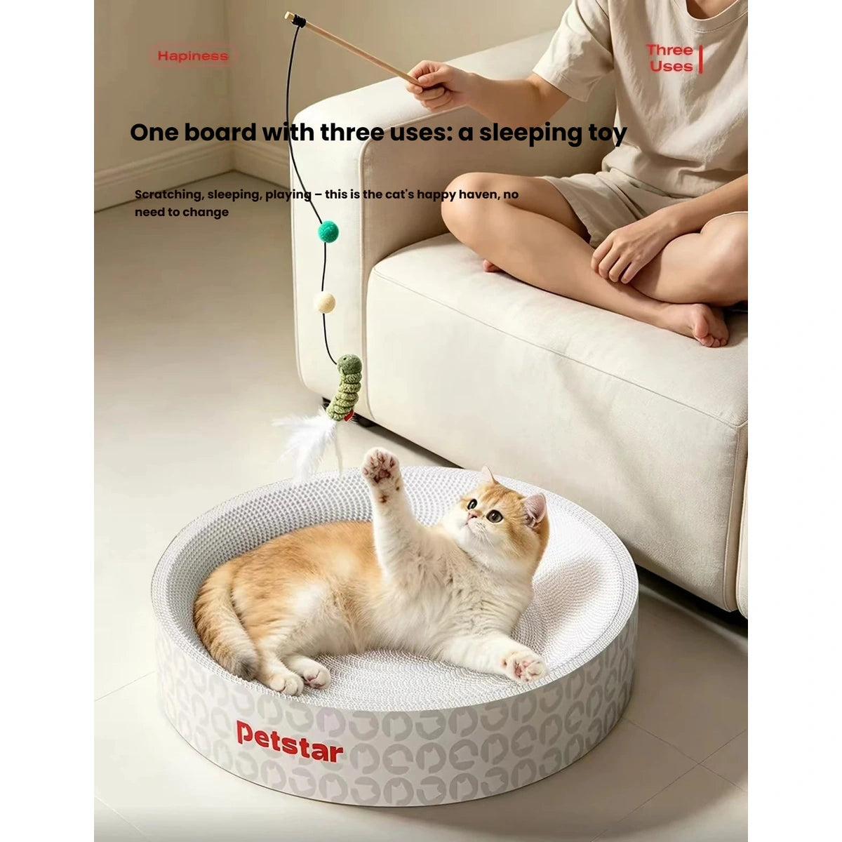 Cat using the round Petstar scratcher beside a sofa