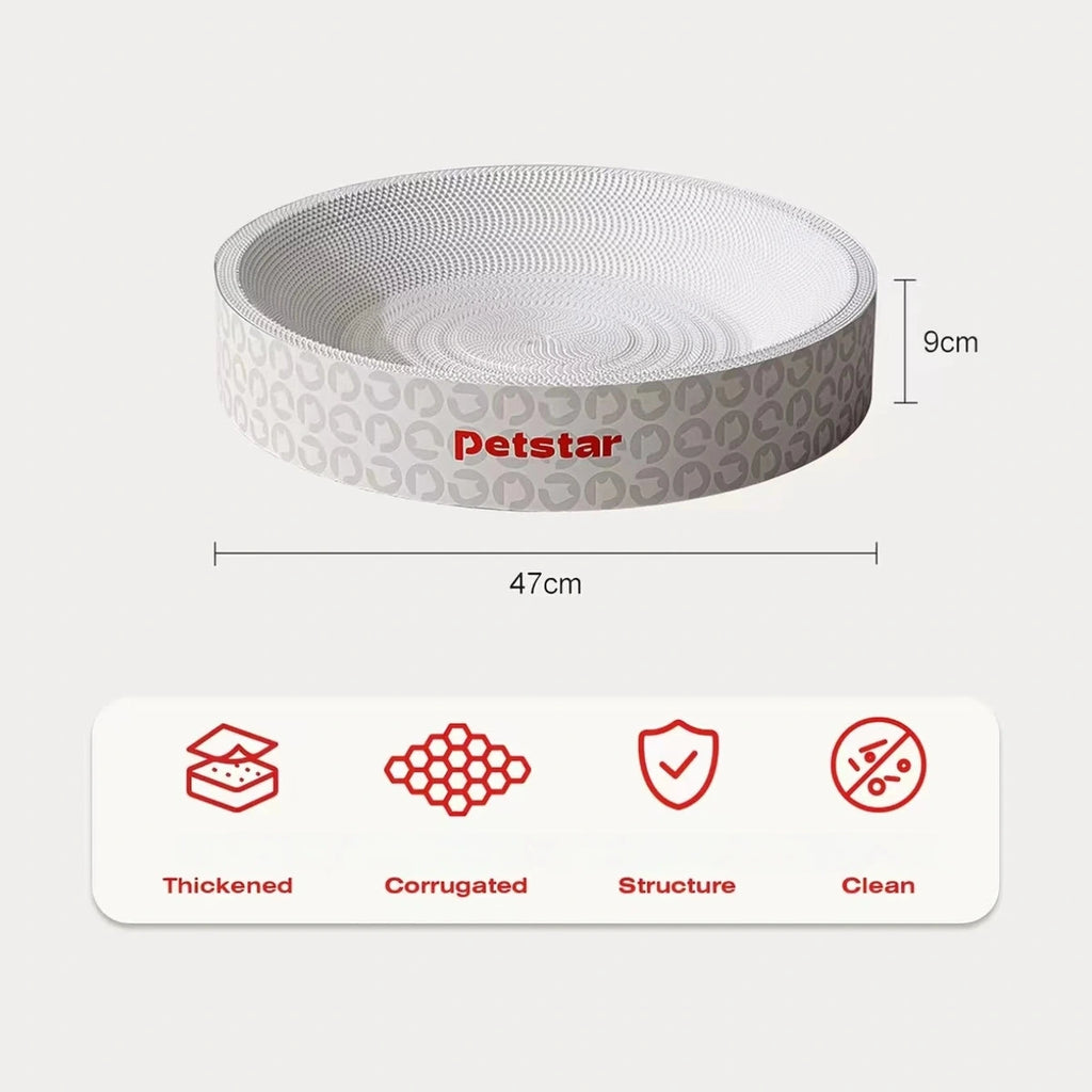 Petstar round cat scratcher dimensions and feature icons