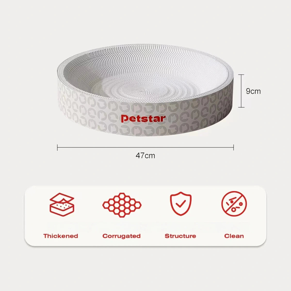 Petstar round cat scratcher dimensions and feature icons