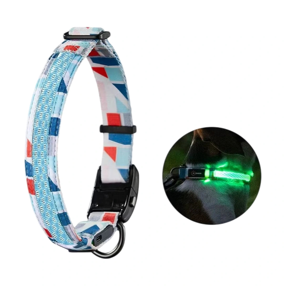 Mosaic Blue DOGNESS LED dog collar glowing green