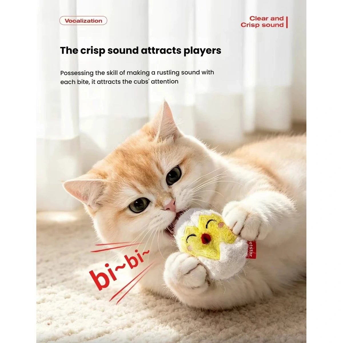 Cat batting a crinkle chicken toy