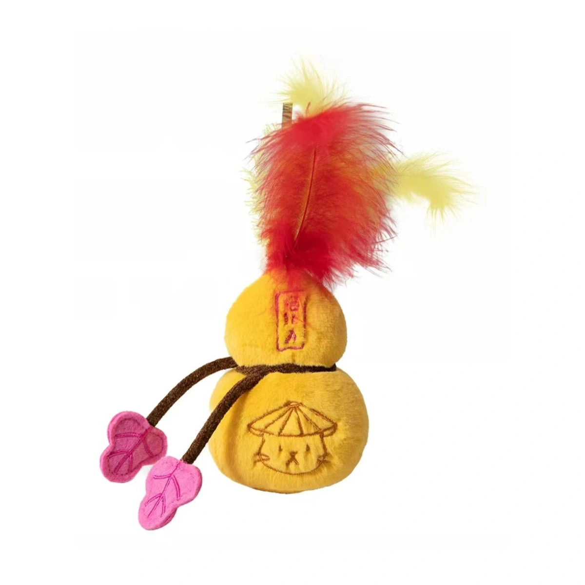 Yellow and orange Petstar gourd plush pet toys with feathers