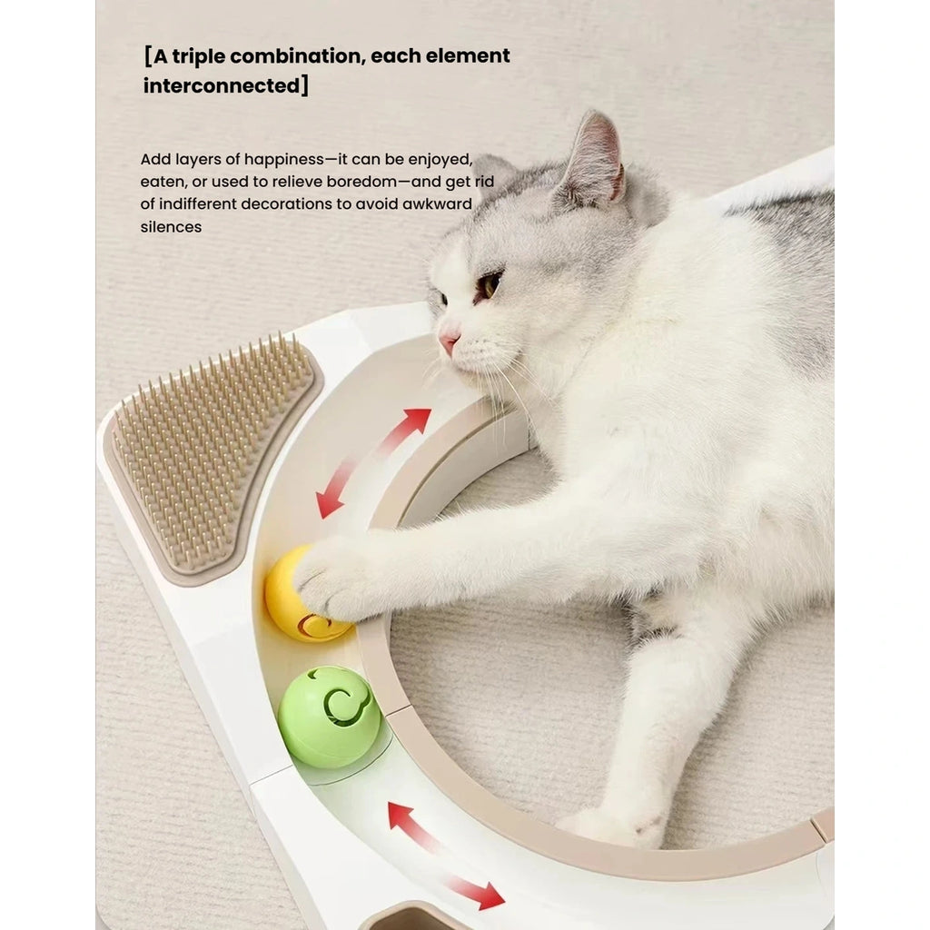 Cat using the treat dispenser on the Petstar play station