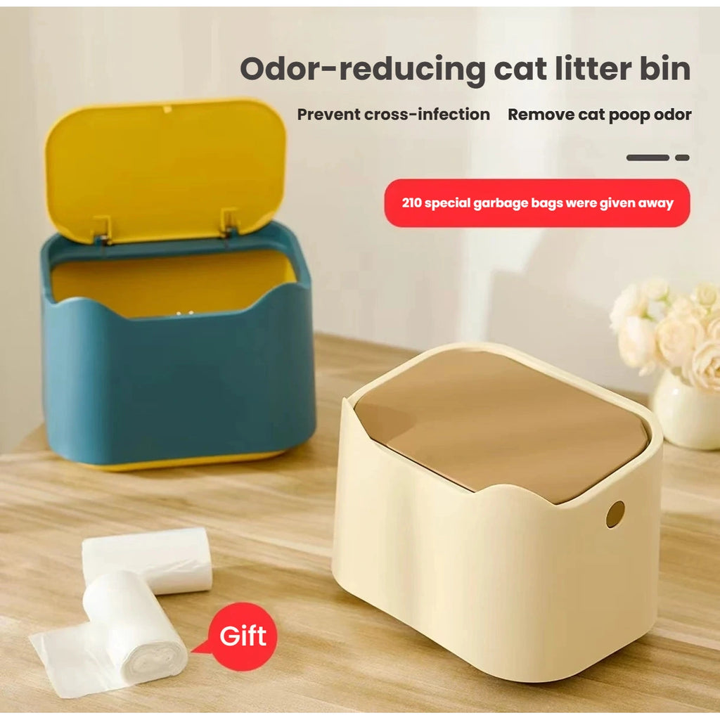 Beige cat litter waste bin beside refill bags and blue colour option