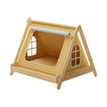 Wooden A-frame cat tent bed with tan cushion