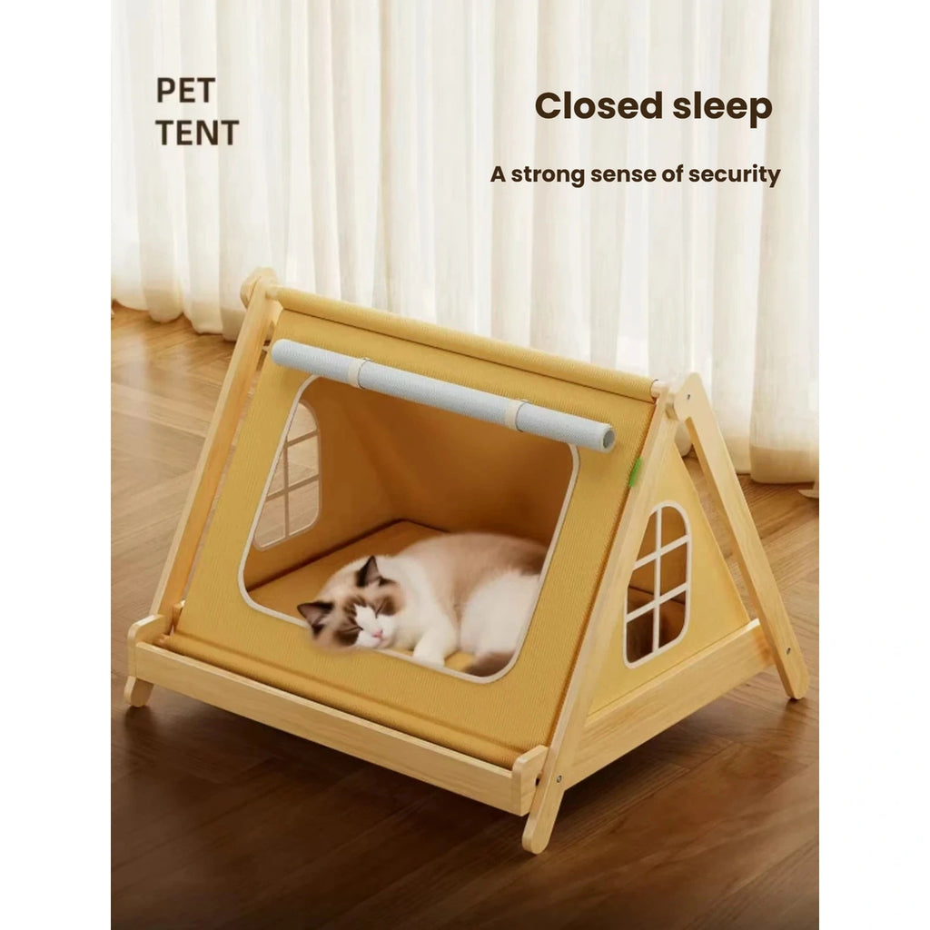Semi-enclosed wooden cat tent bed with a sleeping cat