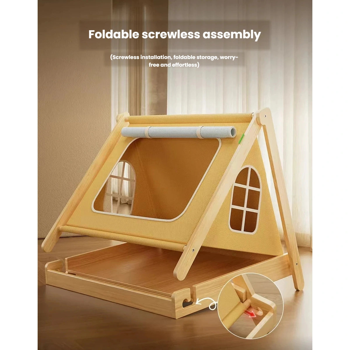 Foldable wooden cat tent bed shown with cushion