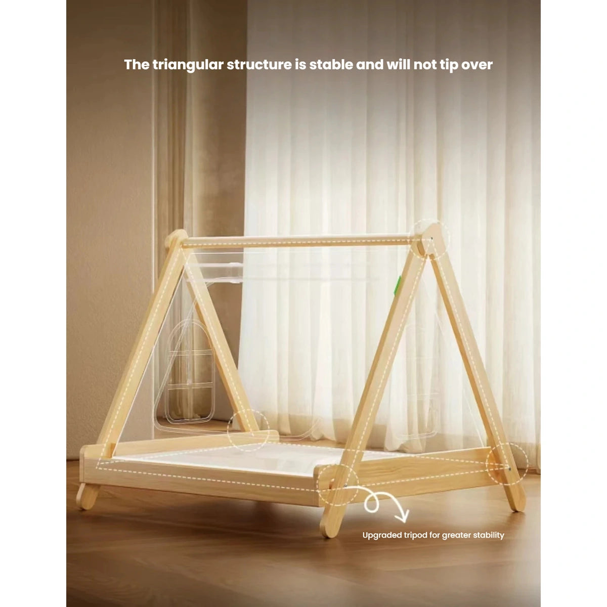 Folded wooden frame beside an assembled cat tent bed