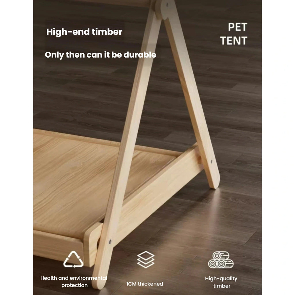 Wooden cat tent frame and fabric panel detail