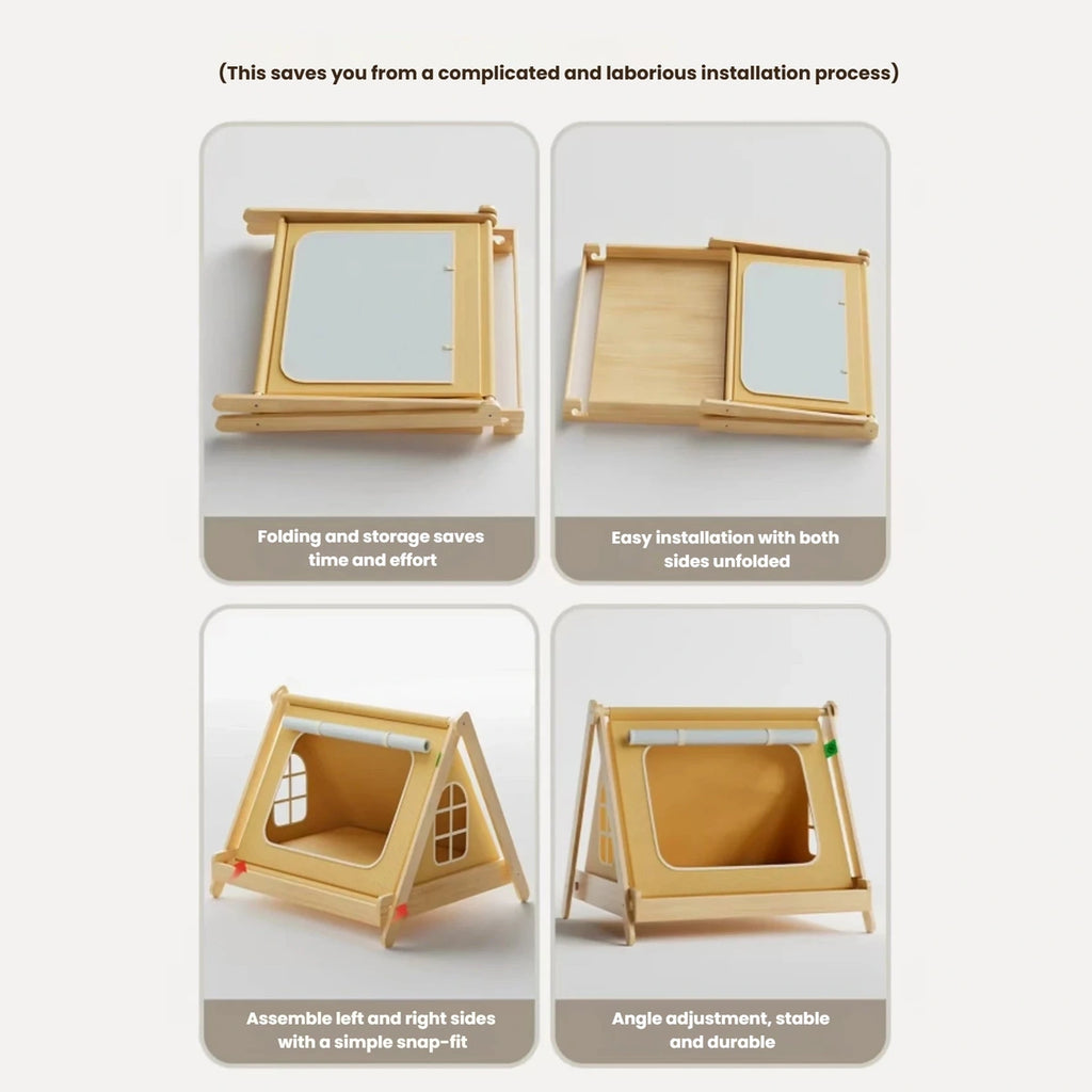 Four views of the foldable wooden cat tent bed