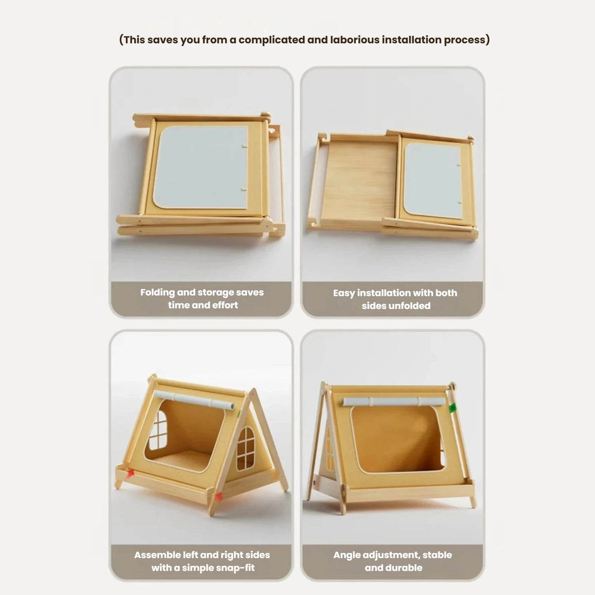 Four views of the foldable wooden cat tent bed