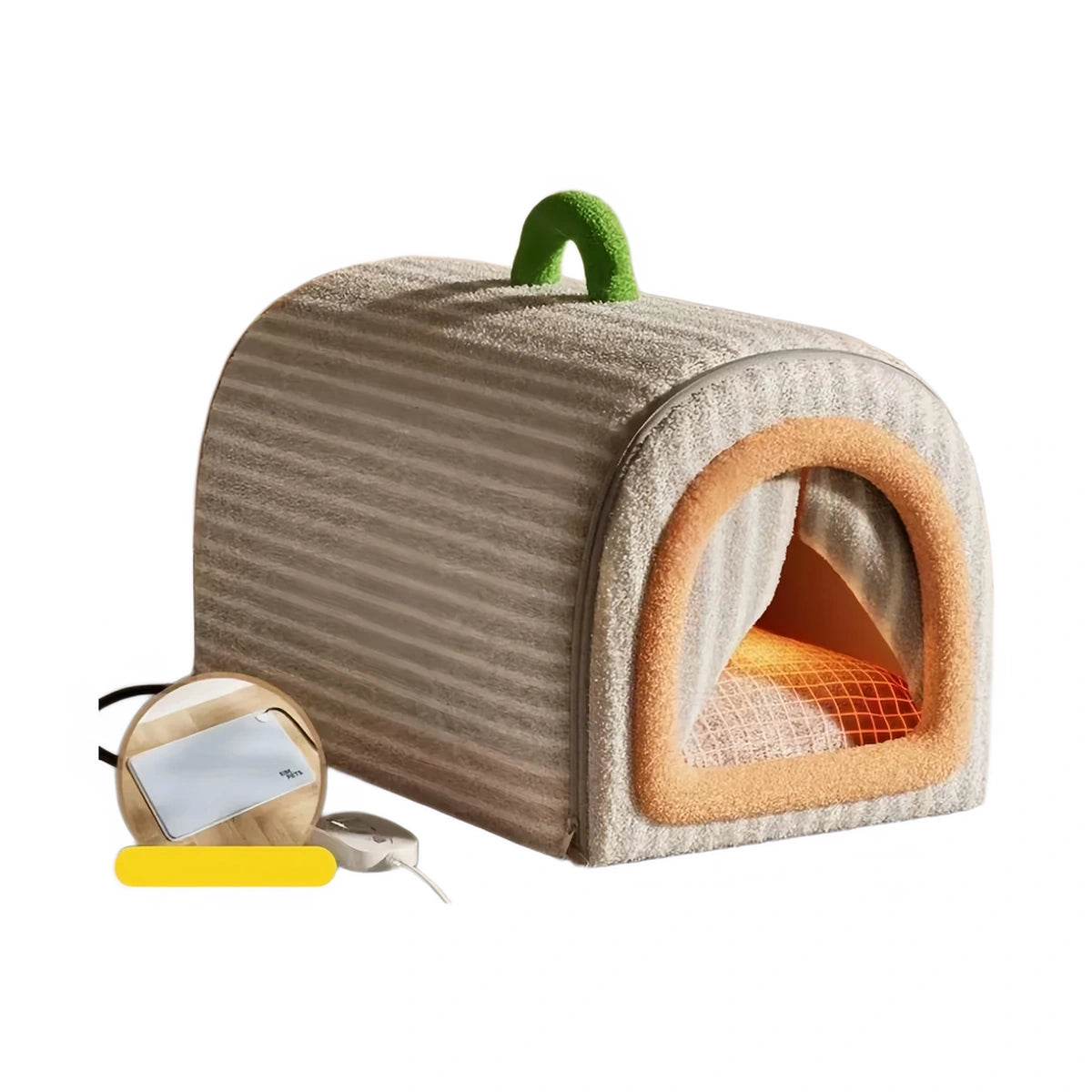 Grey enclosed heated cat bed with cushion and power lead