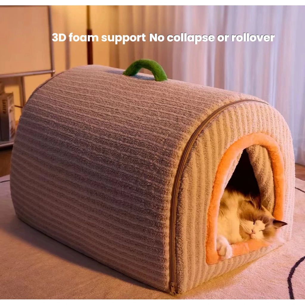 Purple enclosed cat bed shown from the side