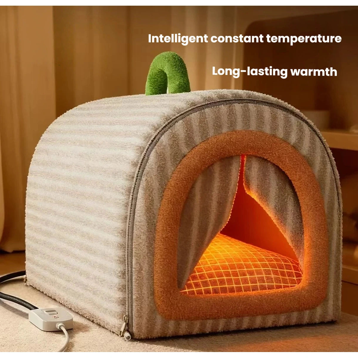 Grey heated cave cat bed in an indoor room