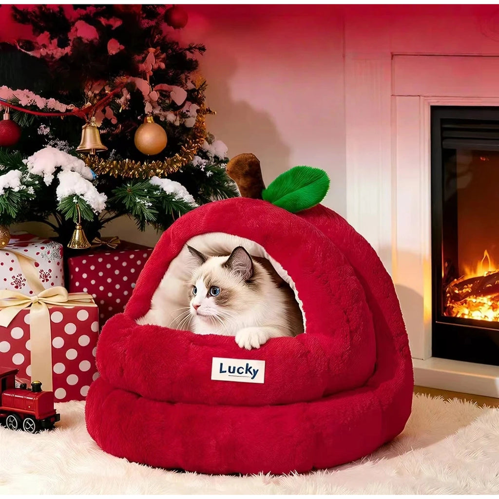 Long-haired cat resting inside the red apple cat bed