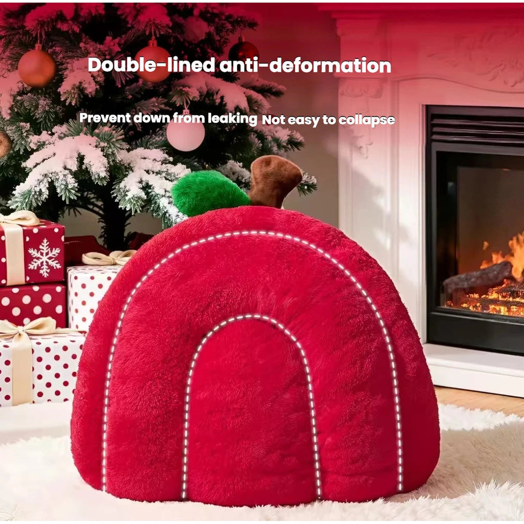 Rear view of the red apple-shaped cave cat bed
