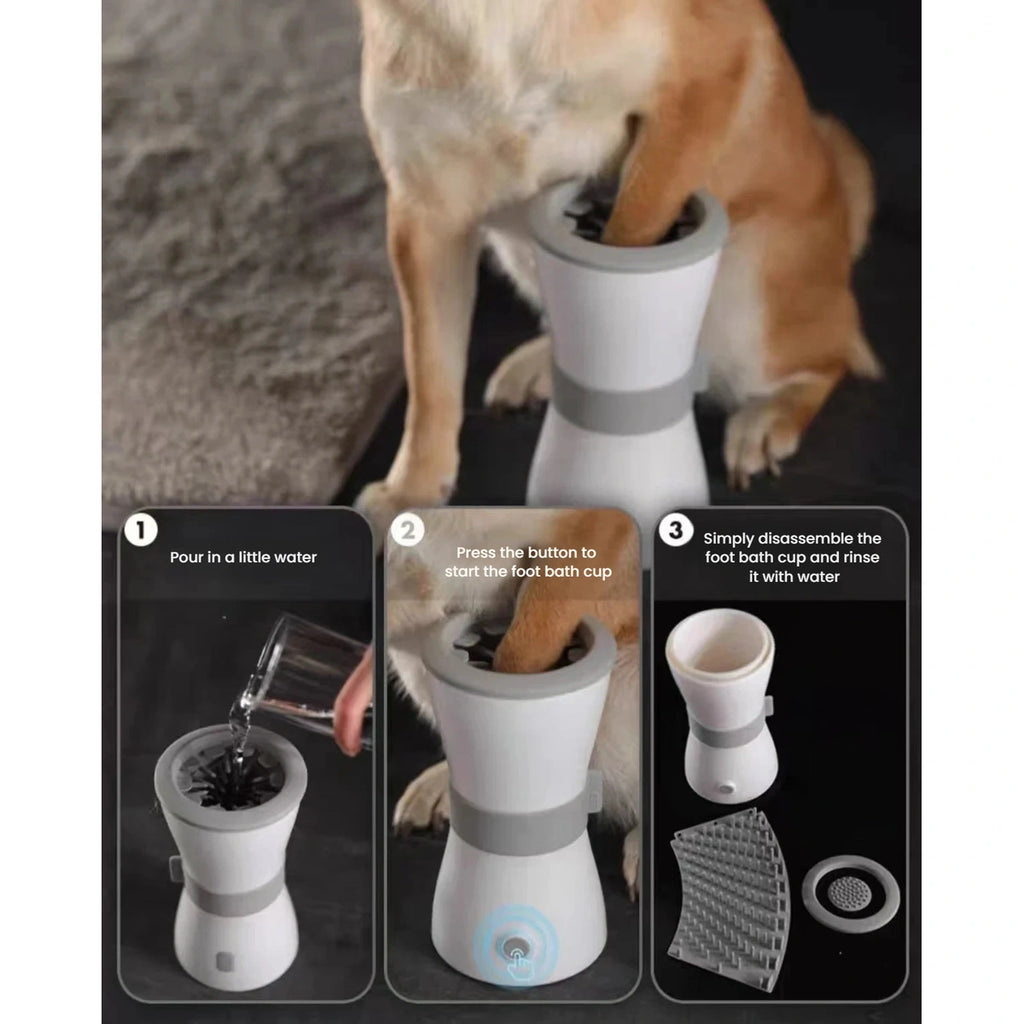 Dog using the automatic paw cleaner cup
