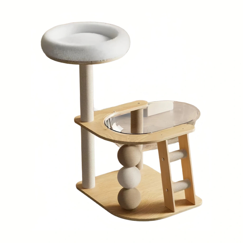 Wooden cat tree with round bed, sisal posts and play balls