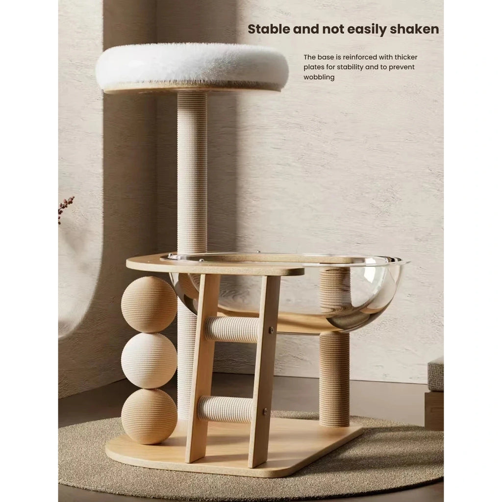 Front view of the compact wooden cat tree