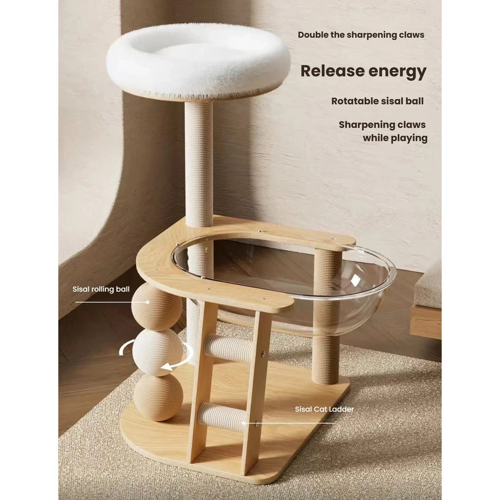 Wooden cat tree with upper bed and lower perch