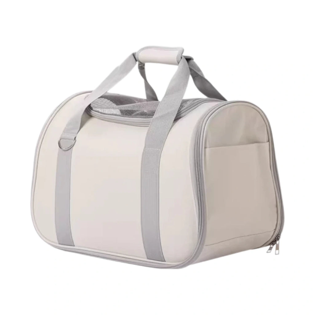White soft-sided cat carrier bag with grey trim