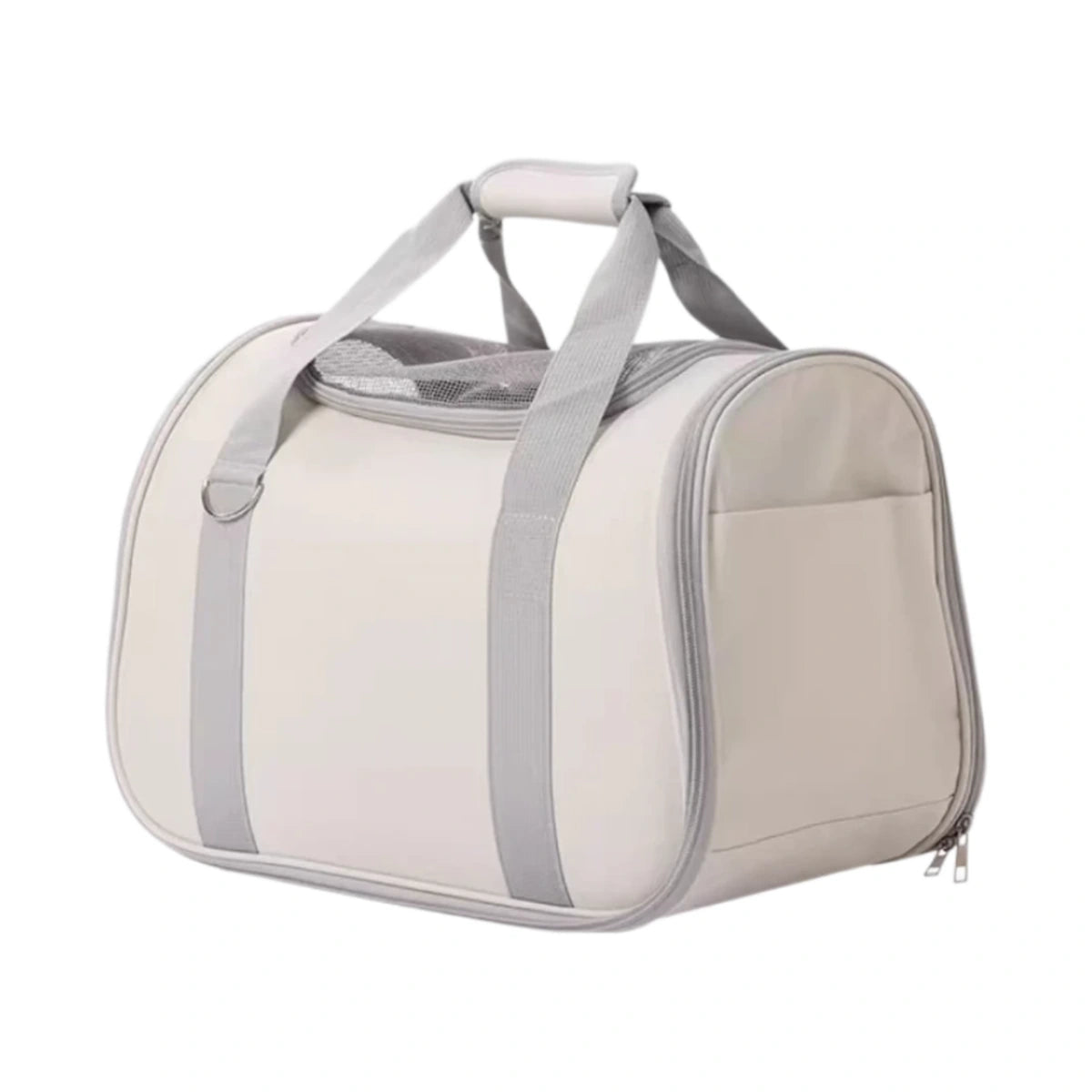White soft-sided cat carrier bag with grey trim