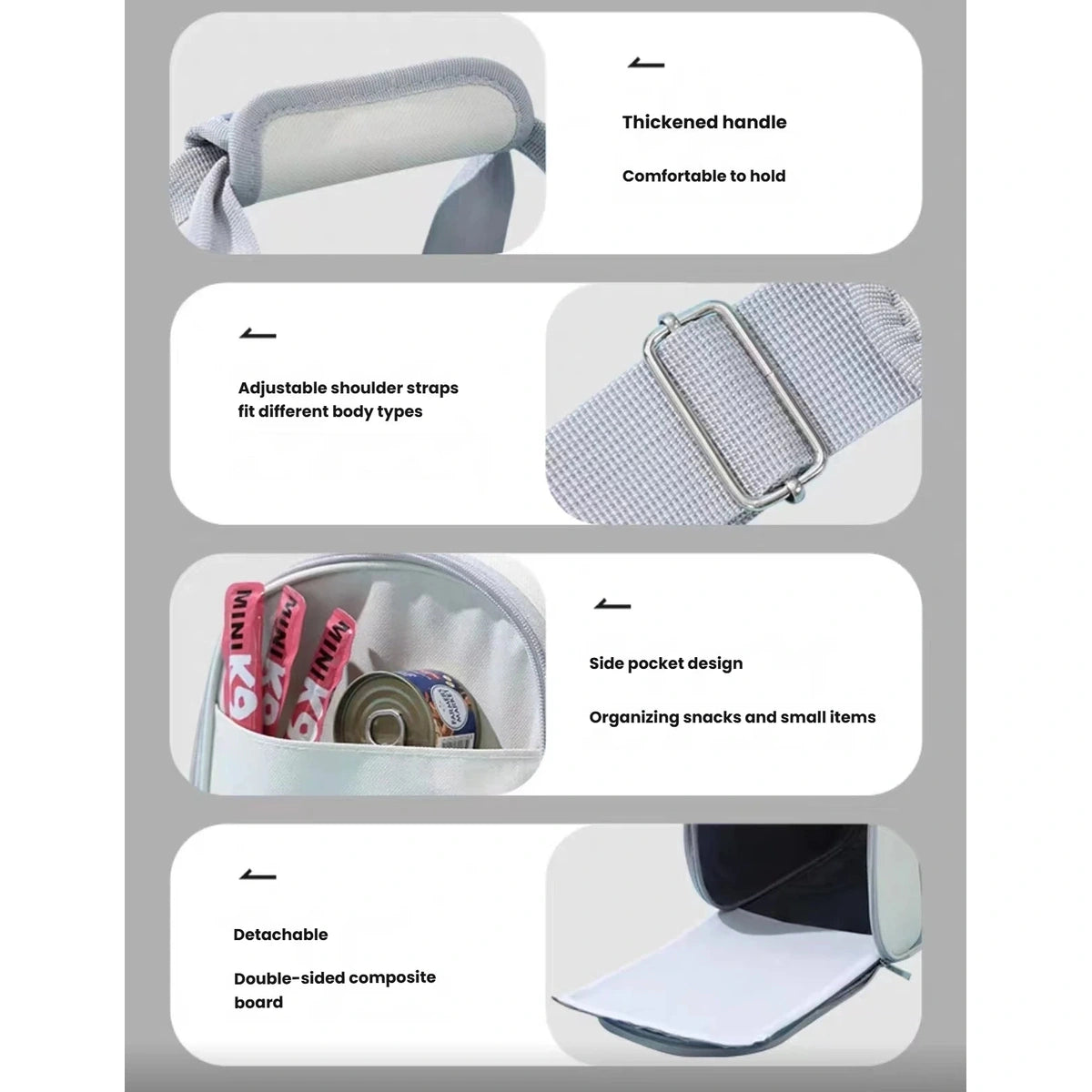 Storage and carrying features of the soft-sided cat carrier