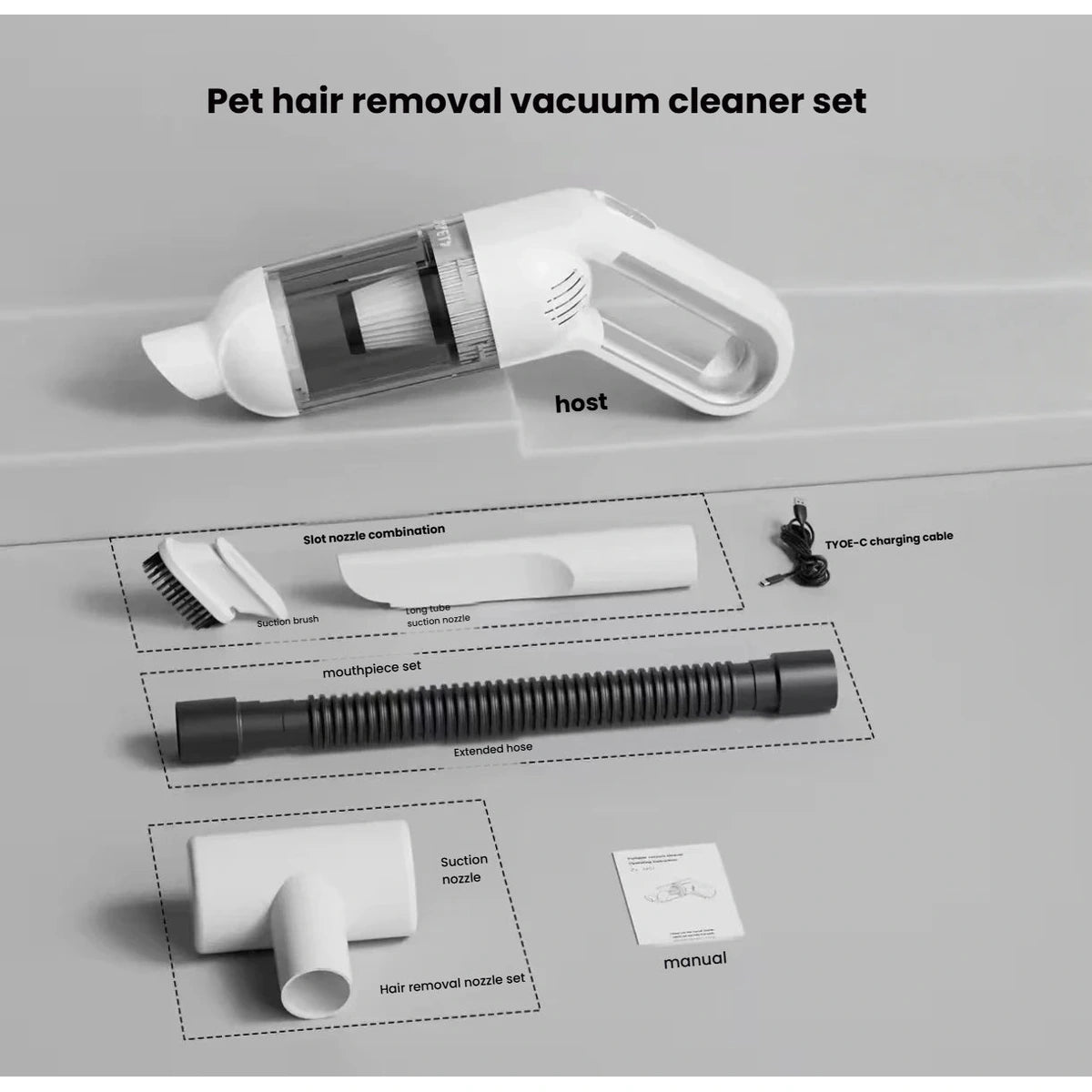 Pet hair vacuum cleaner set with included attachments