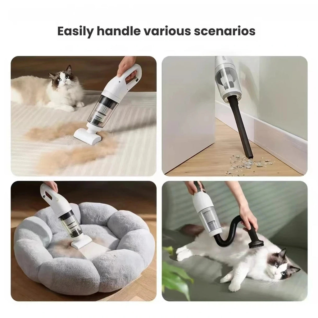 Pet hair vacuum shown cleaning several household surfaces