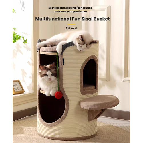 Cats using the upper perch and lower hideaway of the cat tree