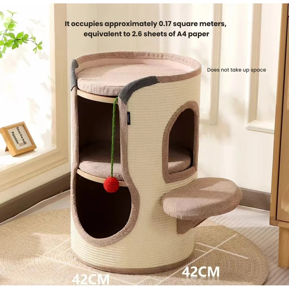 Two-tier cat tree house dimensions shown from the front