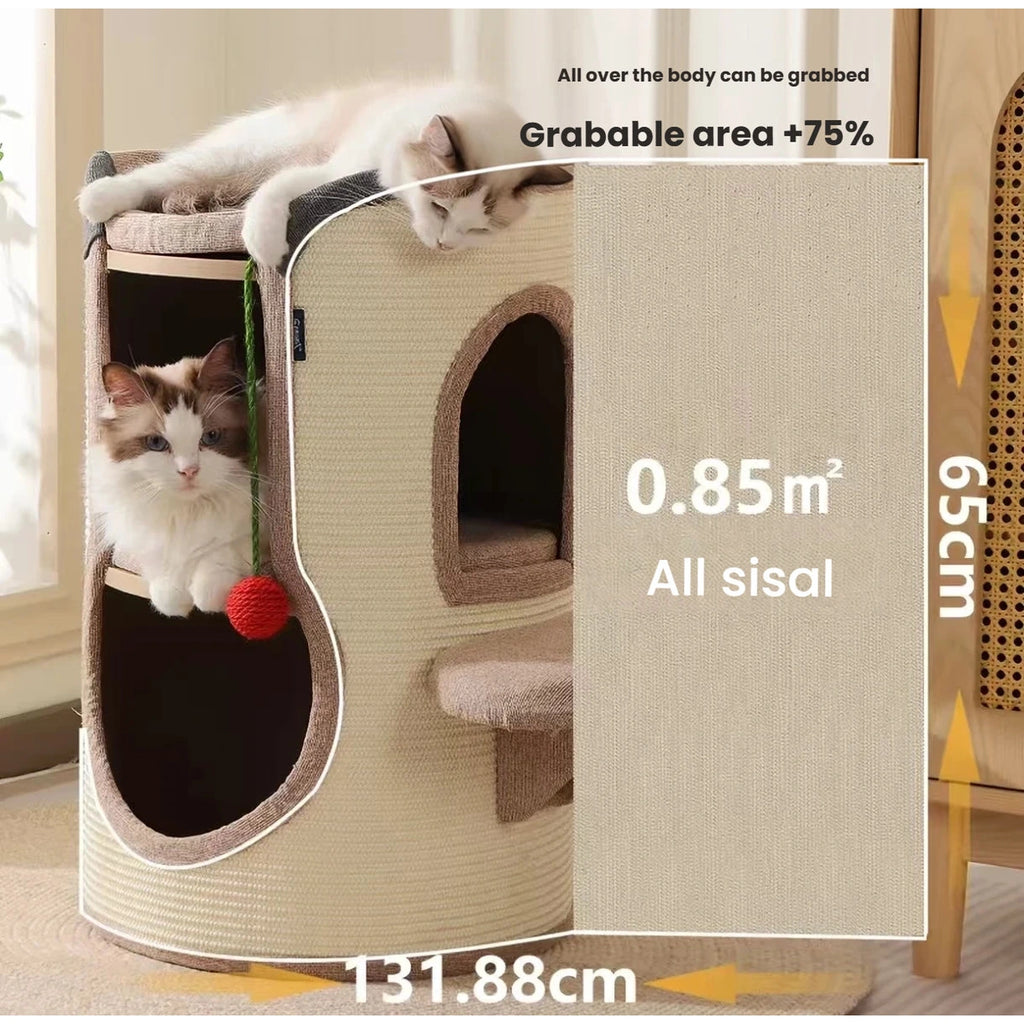 Scratchable exterior and size details of the cat tree house