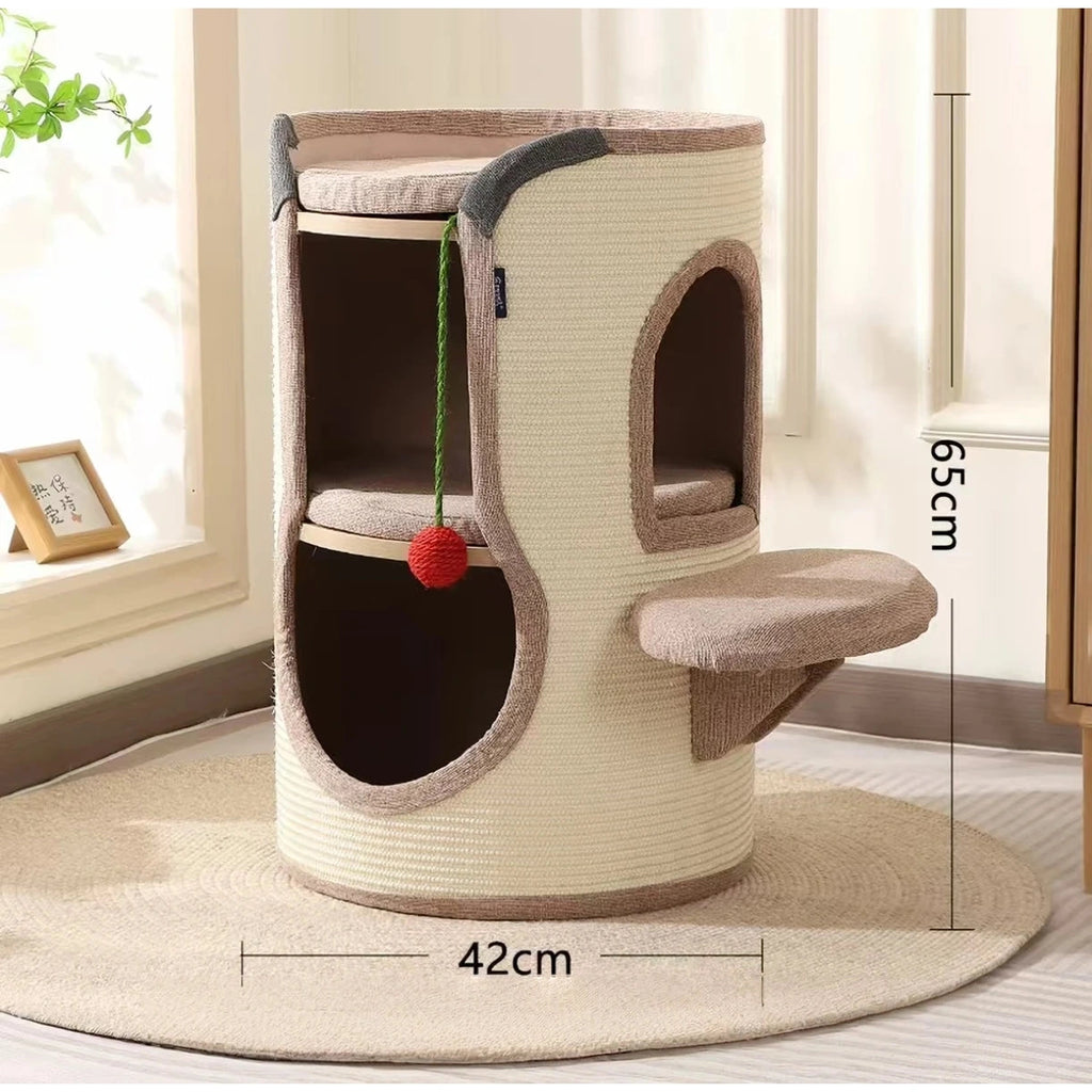 Side view and dimensions of the two-tier cat tree house