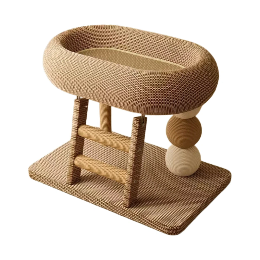 Brown sisal cat scratcher bed with raised bowl and play ball