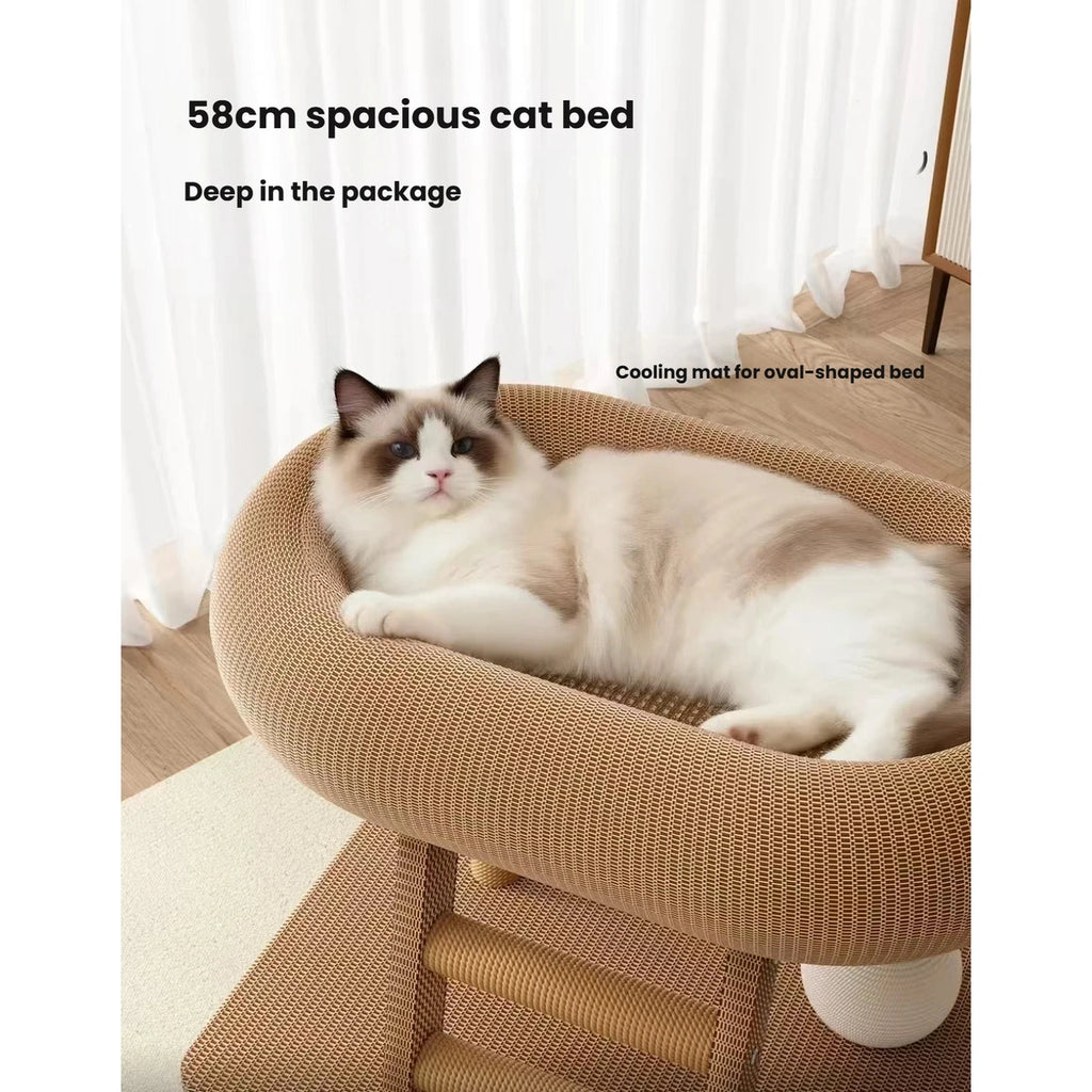 Cat resting in the deep curved bed above sisal posts