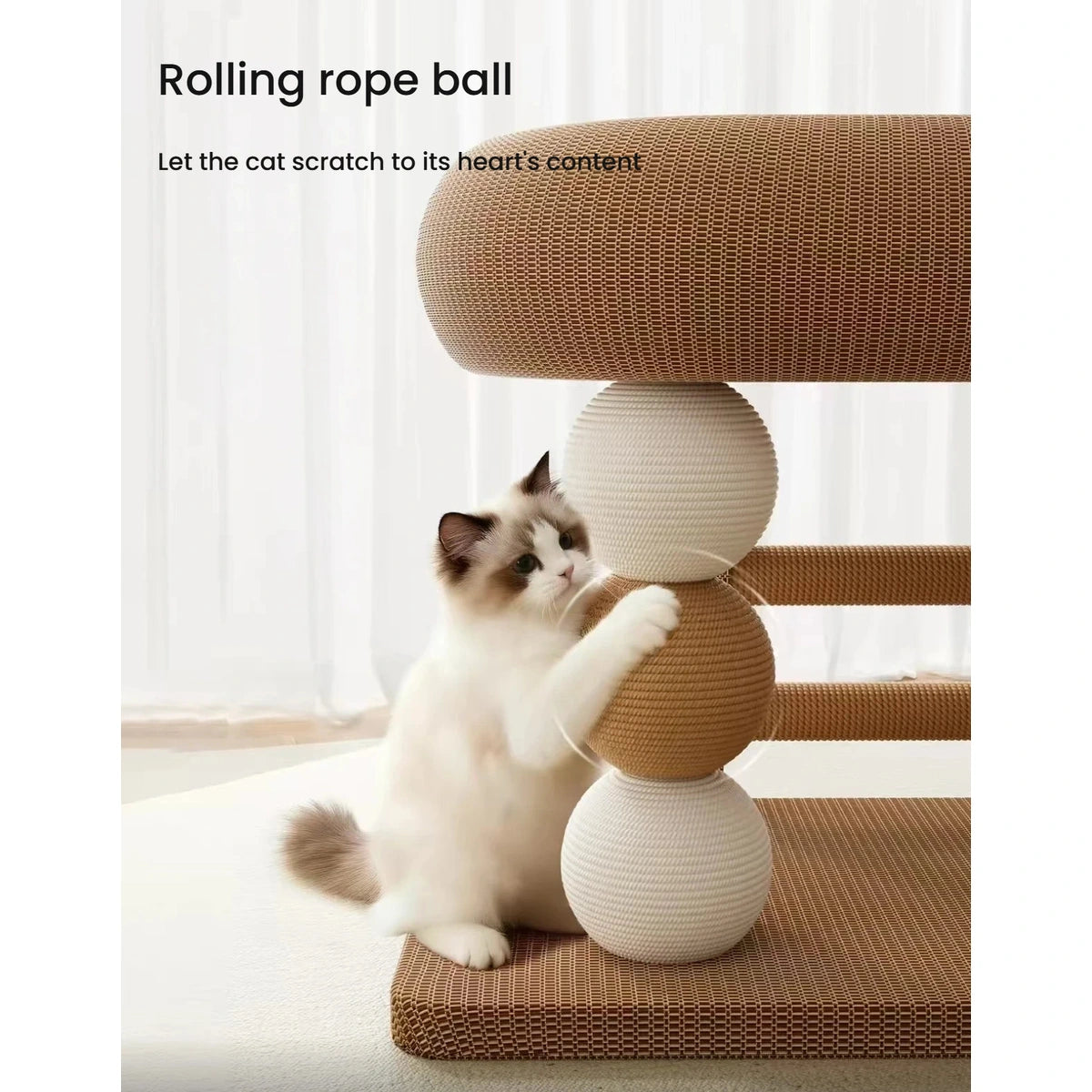 Cat playing with the rolling ball on the scratcher frame