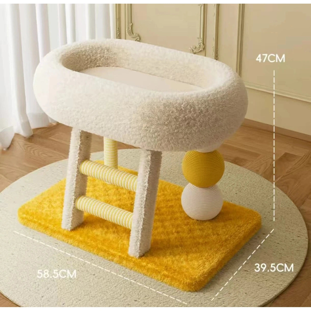 Yellow plush cat scratcher bed dimensions diagram
