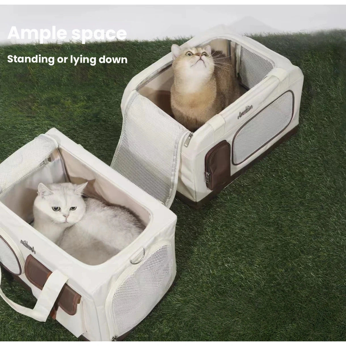 Upper and lower pet compartments shown for separate travel spaces