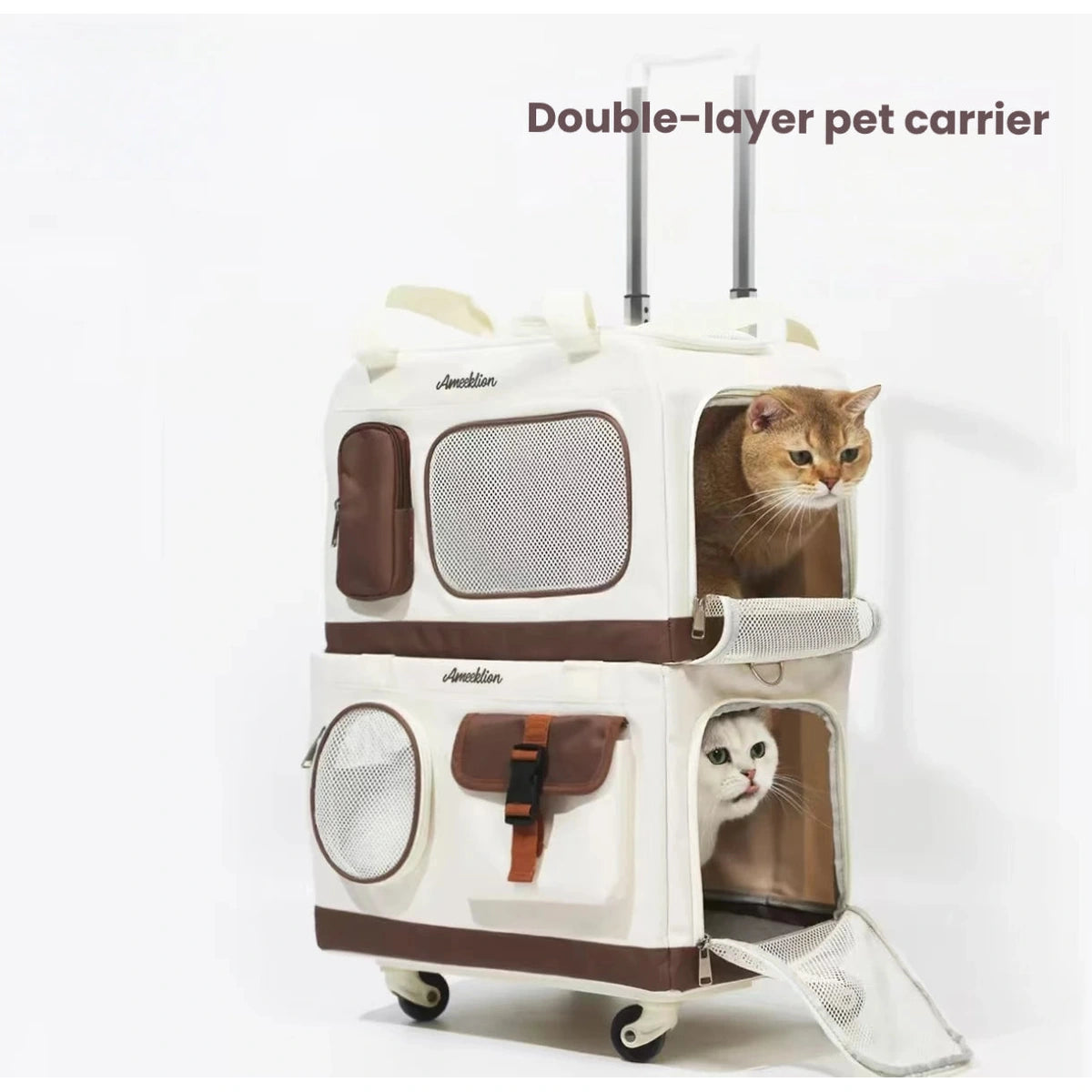Double-layer pet carrier with mesh panels and trolley base