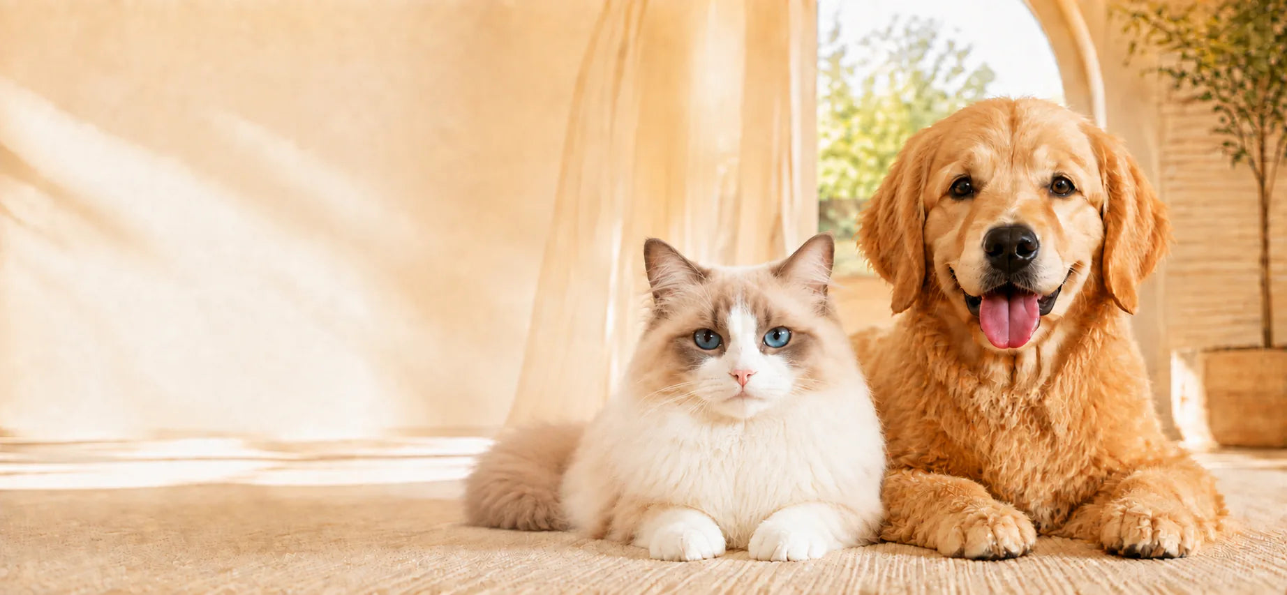 A seal-bicolour Ragdoll cat and a Golden Retriever relaxing together